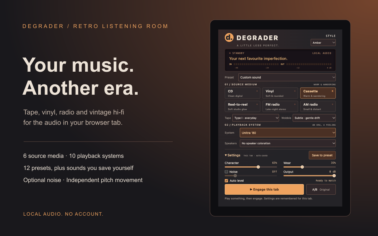 Degrader's amber panel with source media, playback systems, sound controls and optional noise.